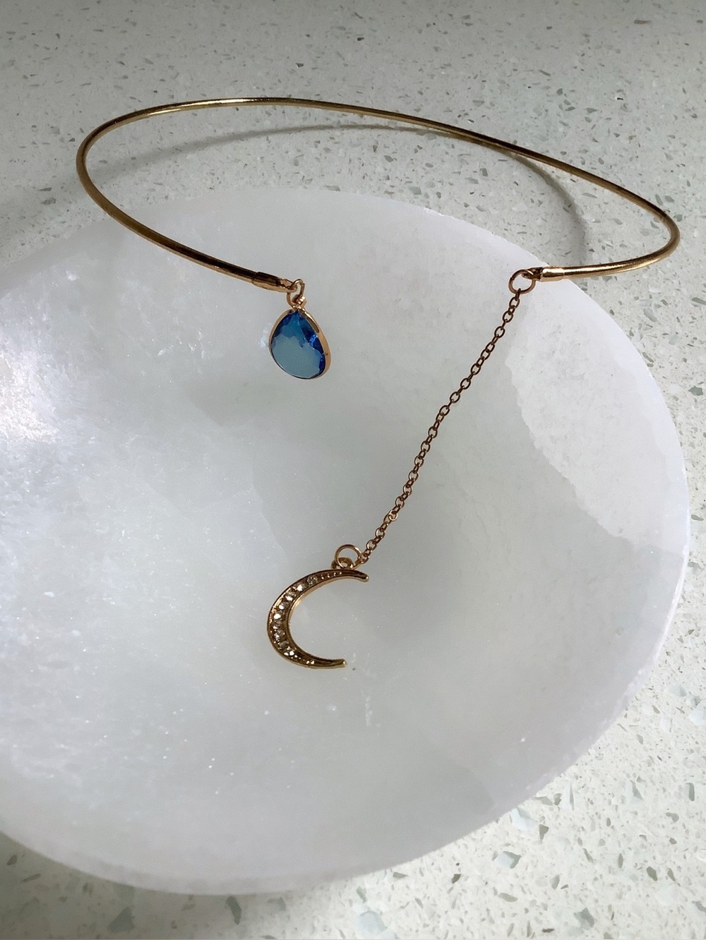 Gold Tone Celestial Crescent Moon & Blue Tear Drop Open Choker Necklace